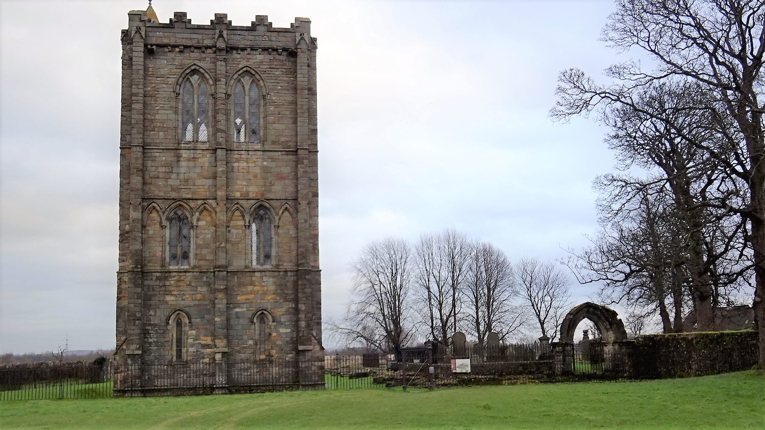 The lone surviving bell tower of ruined Cambuskenneth Abbey.