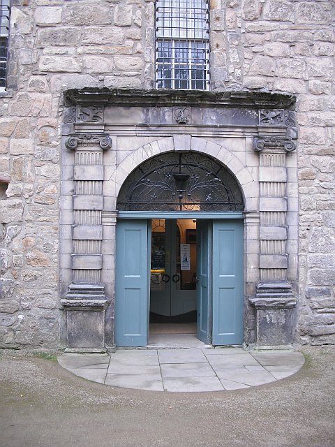 A studded timber door within Alloa Tower.