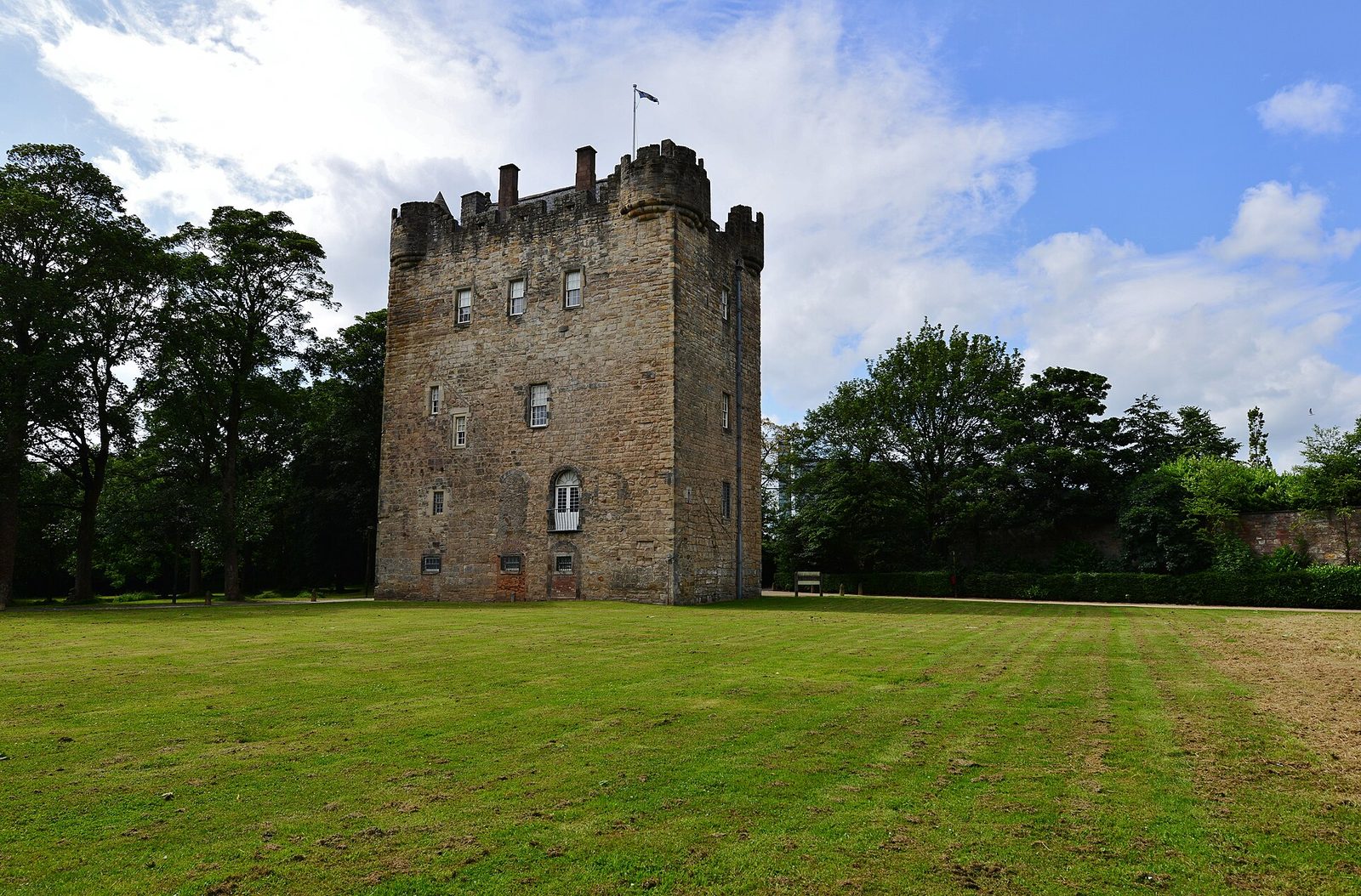 Rear view of Alloa Tower seen across the lawn.
